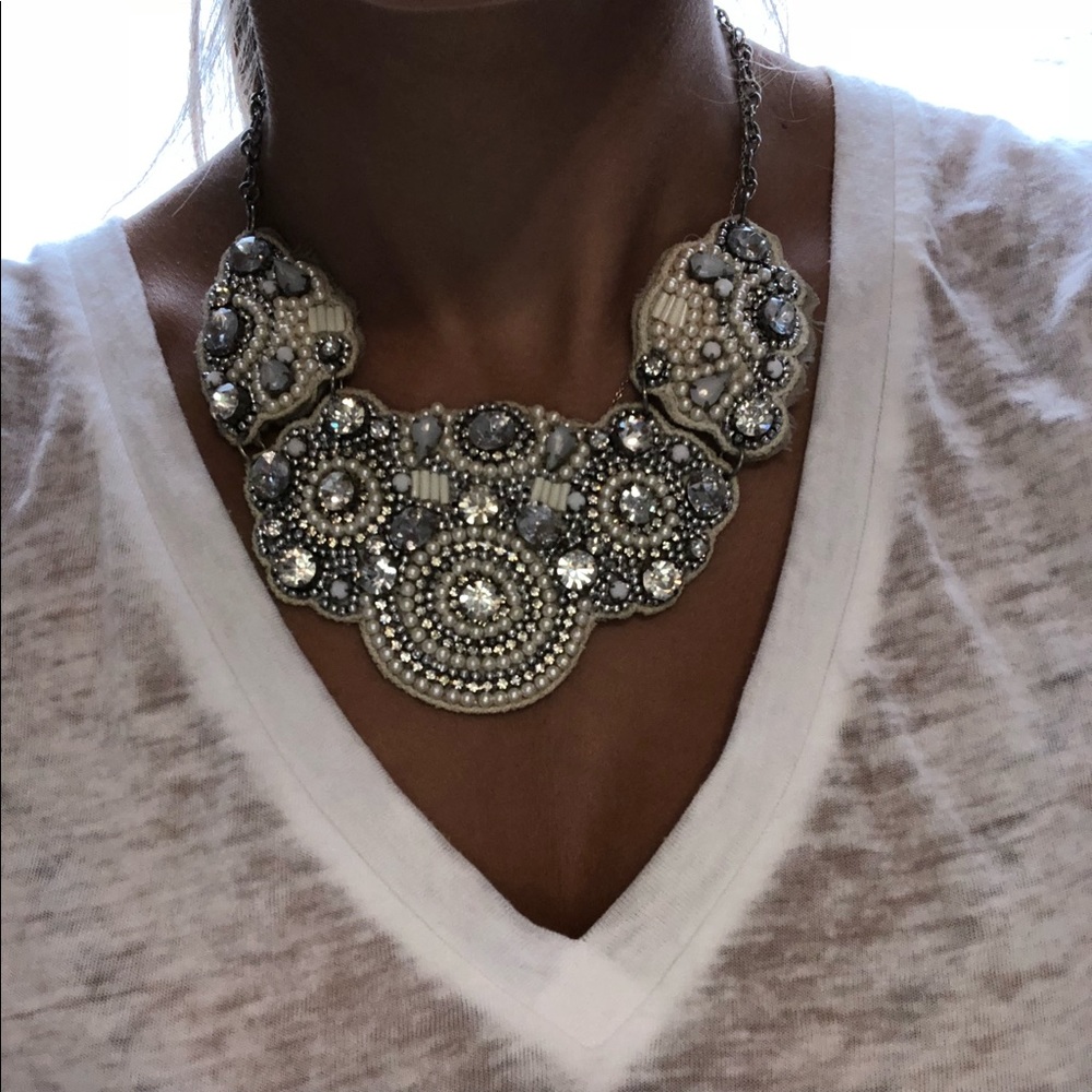 Express Silver and White Beaded Statement Necklace